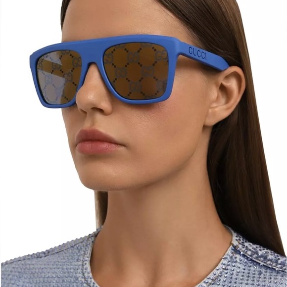 GUCCI MATTE BLUE GREY MIRRORED “GG” MONOGRAM SQUARE SUNGLASSES - Picture 14 of 16